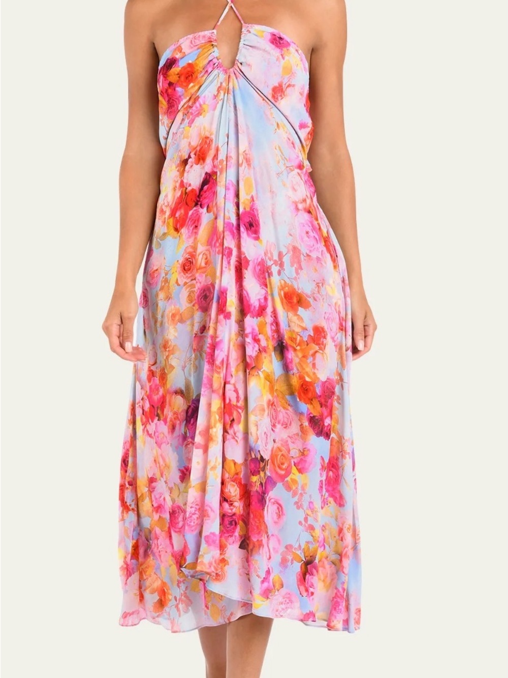 L'AGENCE Strapless Floral Midi Dress in Pink, Orange & Blue